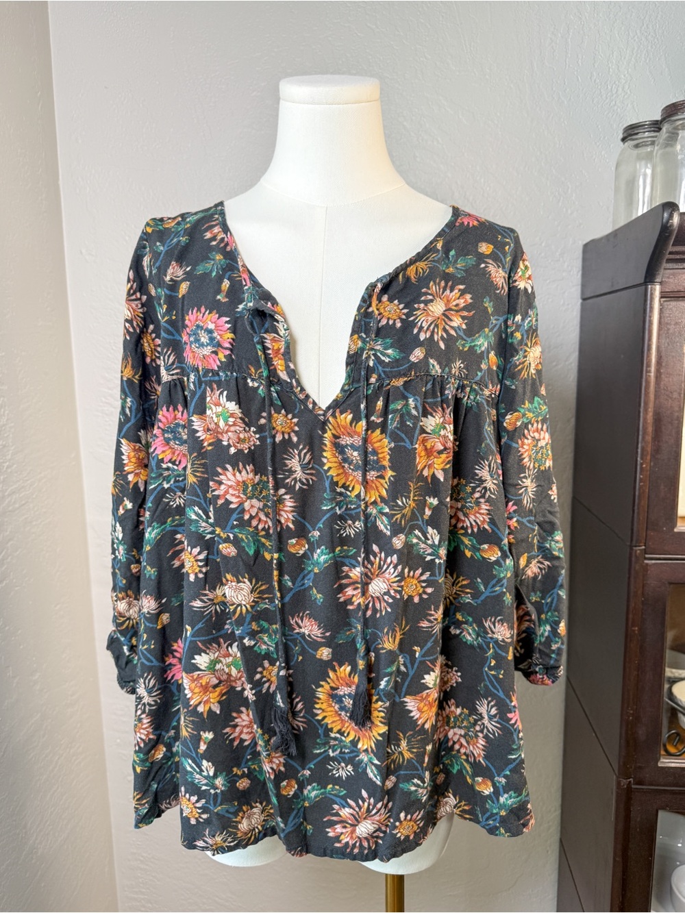 Natural Life Floral Peasant Top Boho Cottagecore Tassel Blouse Size L